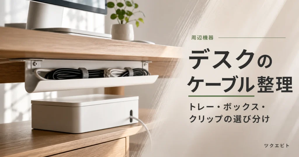 デスクの配線整理グッズの選び方イメージ｜木目とホワイトを基調にした在宅ワークデスク