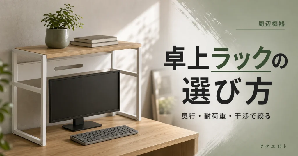 卓上ラック（デスク上収納棚）の選び方イメージ｜木目とホワイトを基調にモニターと観葉植物を整えた在宅ワークのデスク