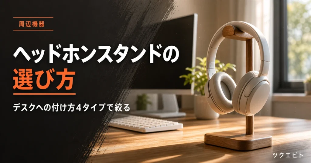 ヘッドホンスタンドの選び方イメージ｜木目とホワイトを基調にした在宅ワークデスクとヘッドホンを掛けたスタンド