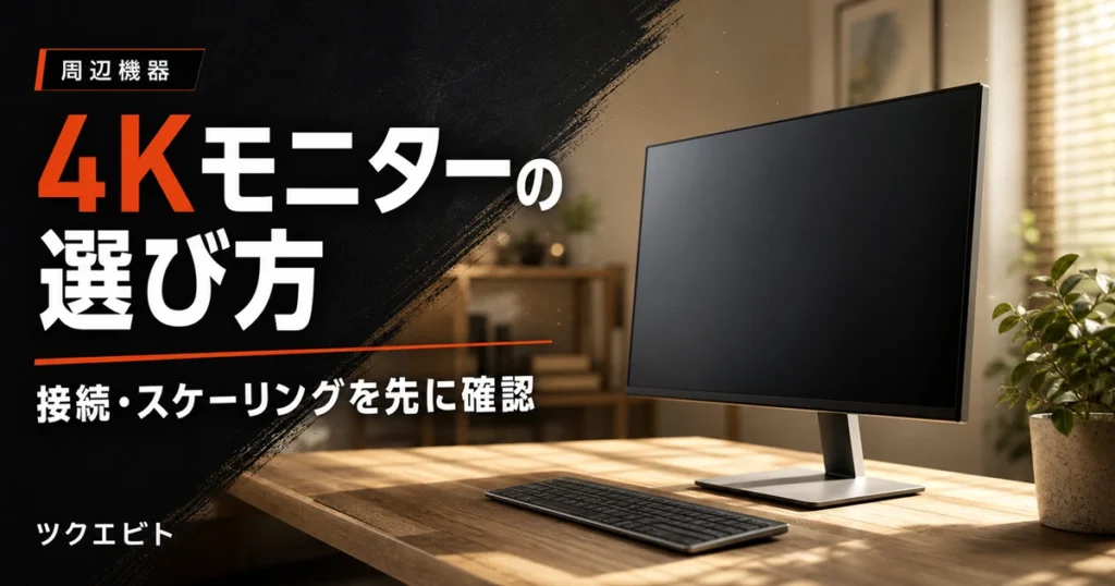 4Kモニターの選び方イメージ｜木目とホワイトを基調にした在宅ワークデスクとモニター