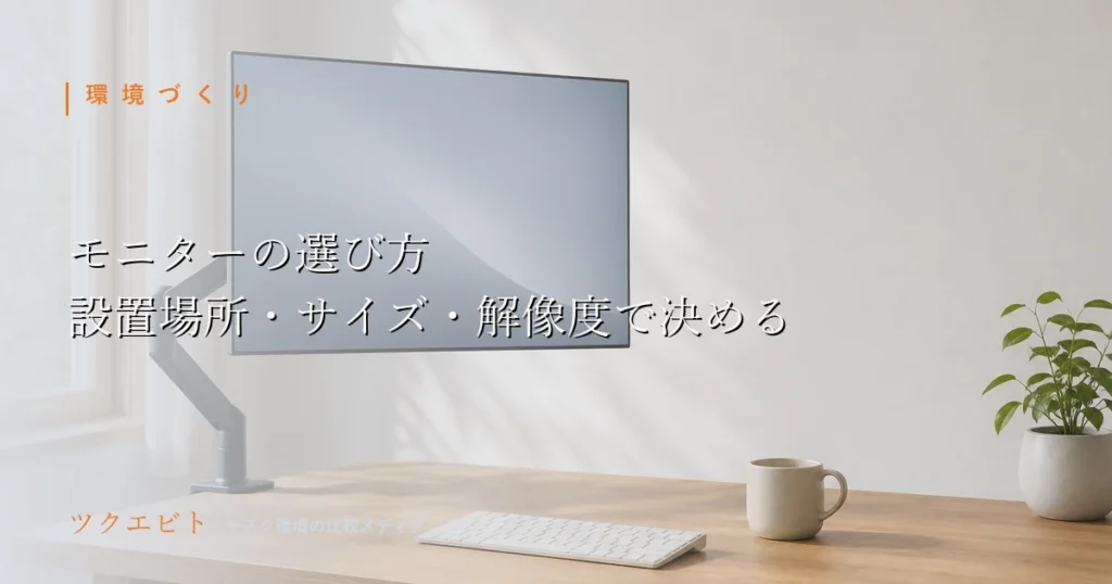 PCモニターの選び方イメージ｜木目とホワイトを基調にモニターとキーボードを整えた在宅ワークのデスク