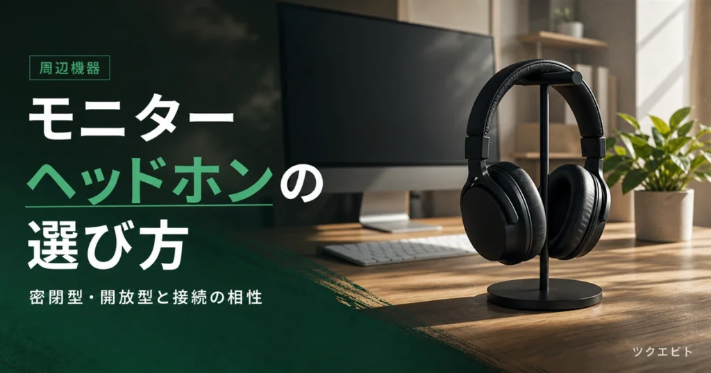 モニターヘッドホンの選び方イメージ｜木目とホワイトを基調にした在宅ワークデスクとロゴのないヘッドホン
