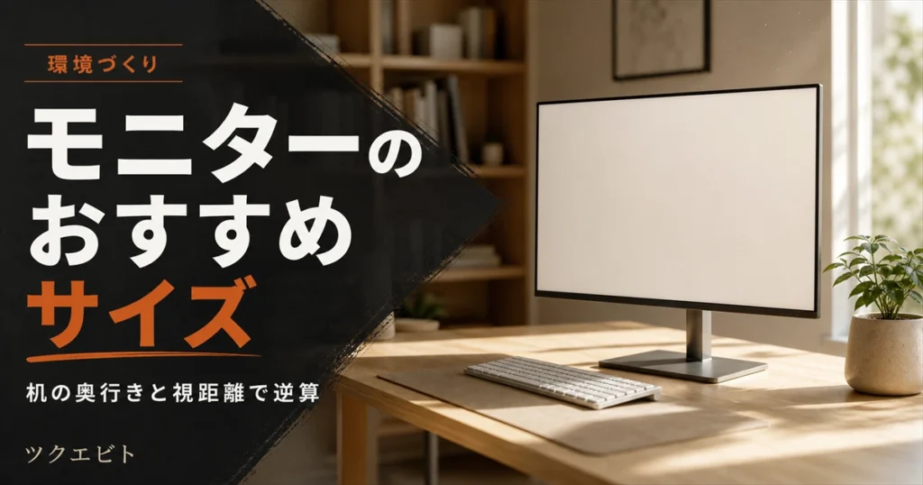 モニターのおすすめサイズ選びのイメージ｜木目とホワイトを基調にした在宅ワークデスクとモニター