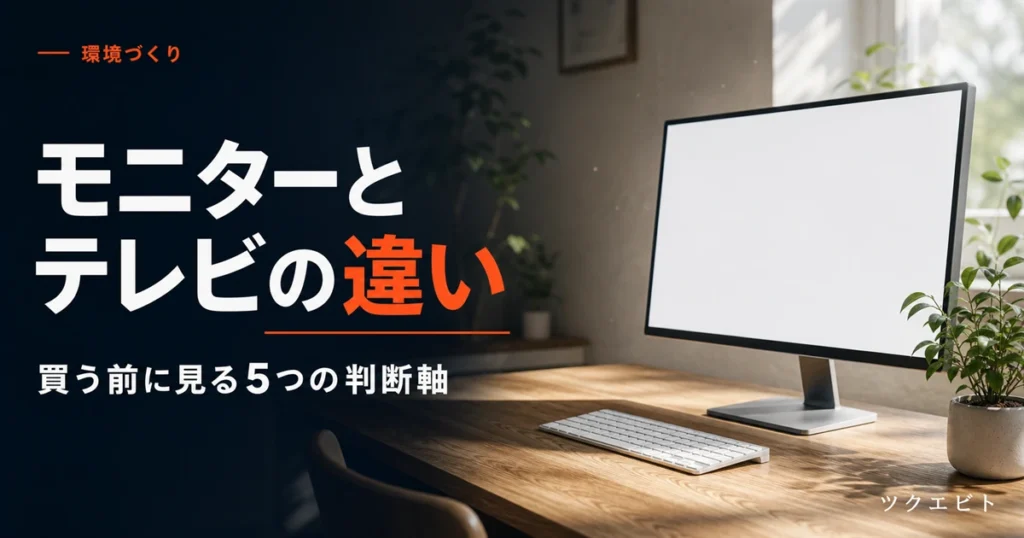 モニターとテレビの違いの比較イメージ｜木目とホワイトを基調にした在宅ワークデスクと無地のモニター