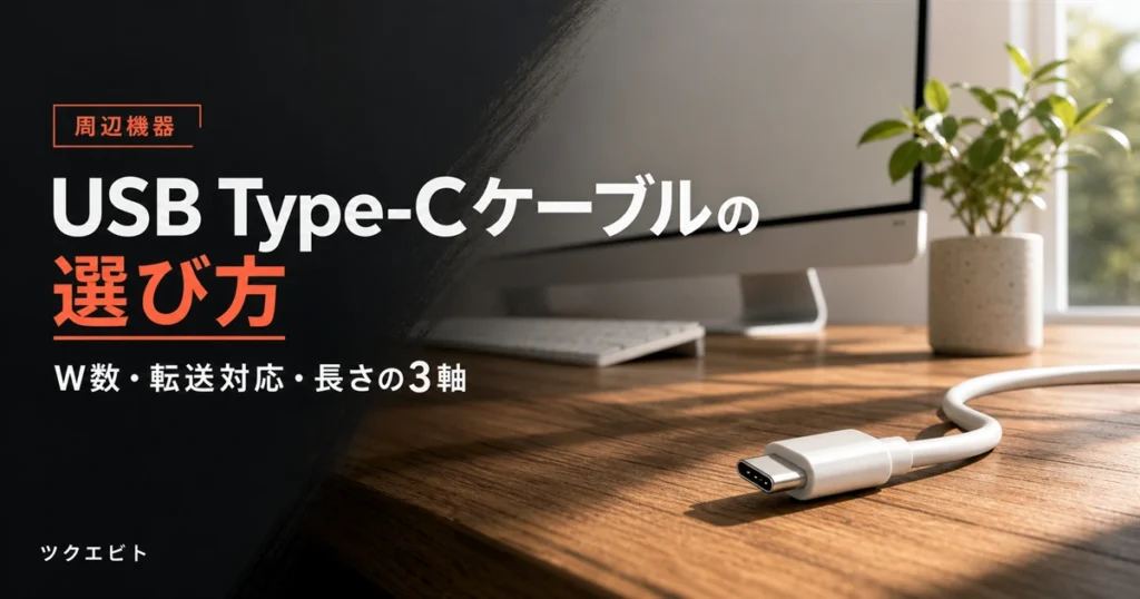 USB Type-Cケーブルの選び方イメージ｜木目とホワイトの在宅ワークデスクとUSBケーブル